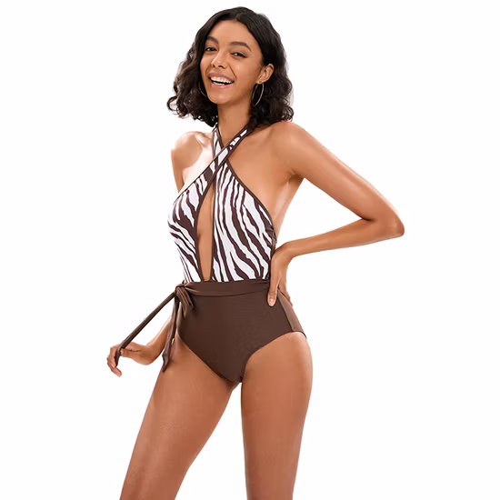 Customization Zebra Print Sexy Swimsuit Crossover Strap Ladies Bathing Suit Fashion Swimwear
